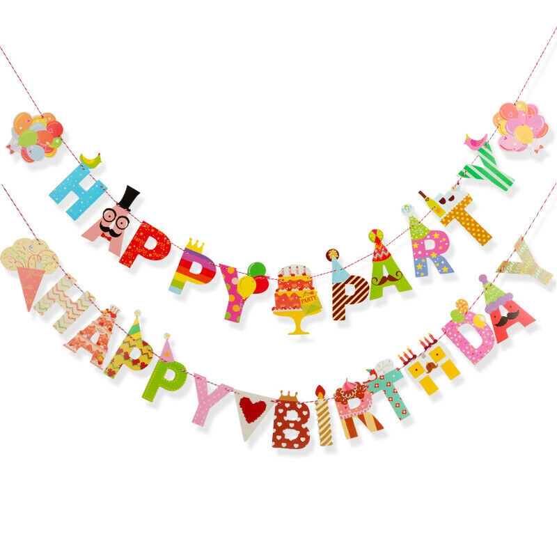 Lucu Kartun Happy Birthday Kertas Banner Bunting Baby Shower Dekoarasi Bendera Warna-Warni Gantung Garland Pesta Supply