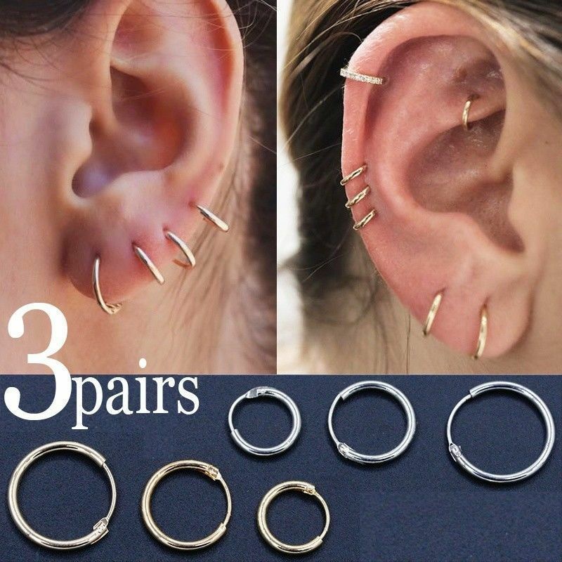 Magic789 3 Pairs s925 Silver Women Punk Small Circle Hoop Earrings Unisex Ear Jewelry