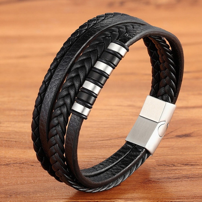 2022 Gelang Tangan Kulit Kepang Multilayer Warna Hitam / Coklat Bahan Stainless Steel Untuk Pria