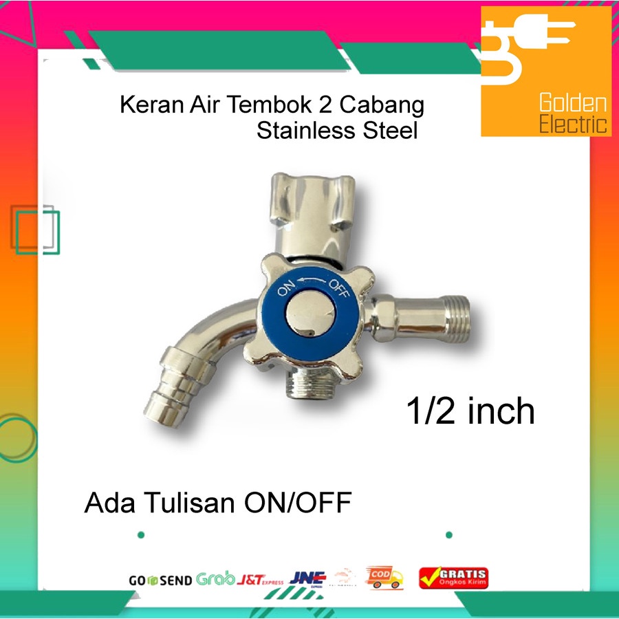 Kran Keran Air Tembok 2 Cabang Stainless Steel 1/2 inch 1/2&quot; ON OFF