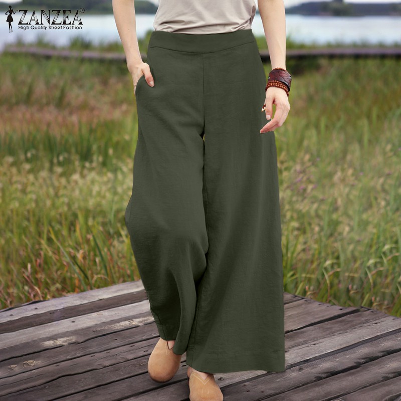 ZANZEA Women Solid Color Elastic Waist Casual Wide Leg Long Pants