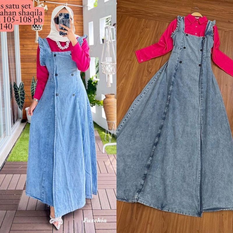 Overall jeans, Fashion Muslim,  fashion wanita, Overall jeans wanita.Dress Bianca 2 in 1