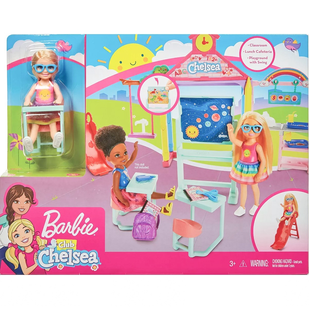 Barbie Club Chelsea Doll and School Classroom Swing Playground and Lunch Cafetaria Playset