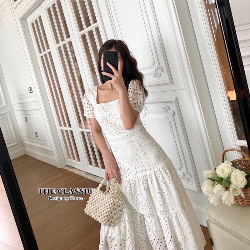 Ginza Dress Korean Eyelet Manis Cantik Casual White Pink