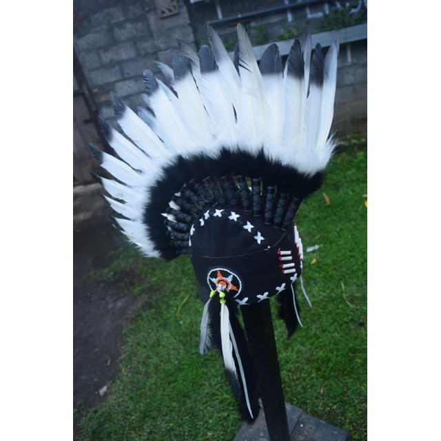 TOPI INDIAN-INDIAN HEADDRESS HEADBAND HEADPIECE MOHAWK ANGSA HITAM PUTIH