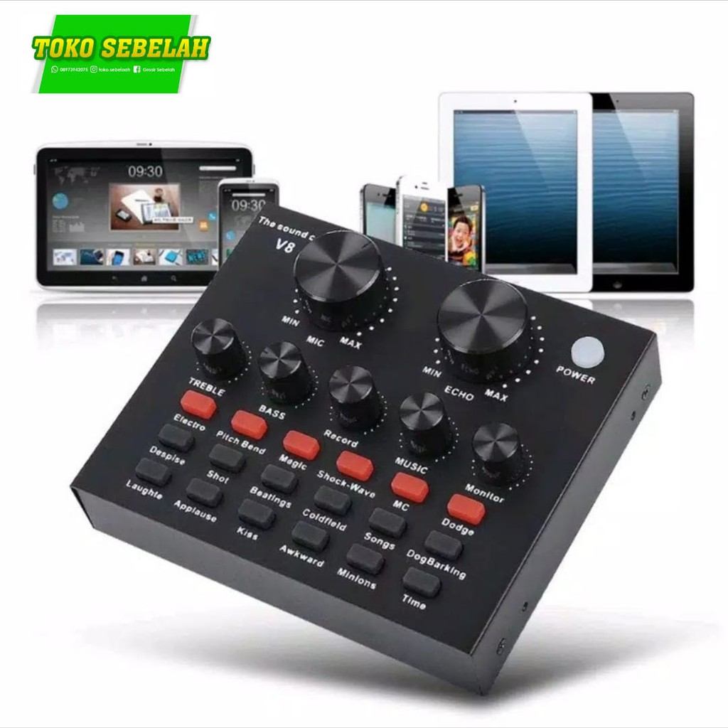 ORIGINAL BIG BASS SOUND CARD V8 MIXER EXTERNAL AUDIO MICROPHONE POWER EQUALIZER