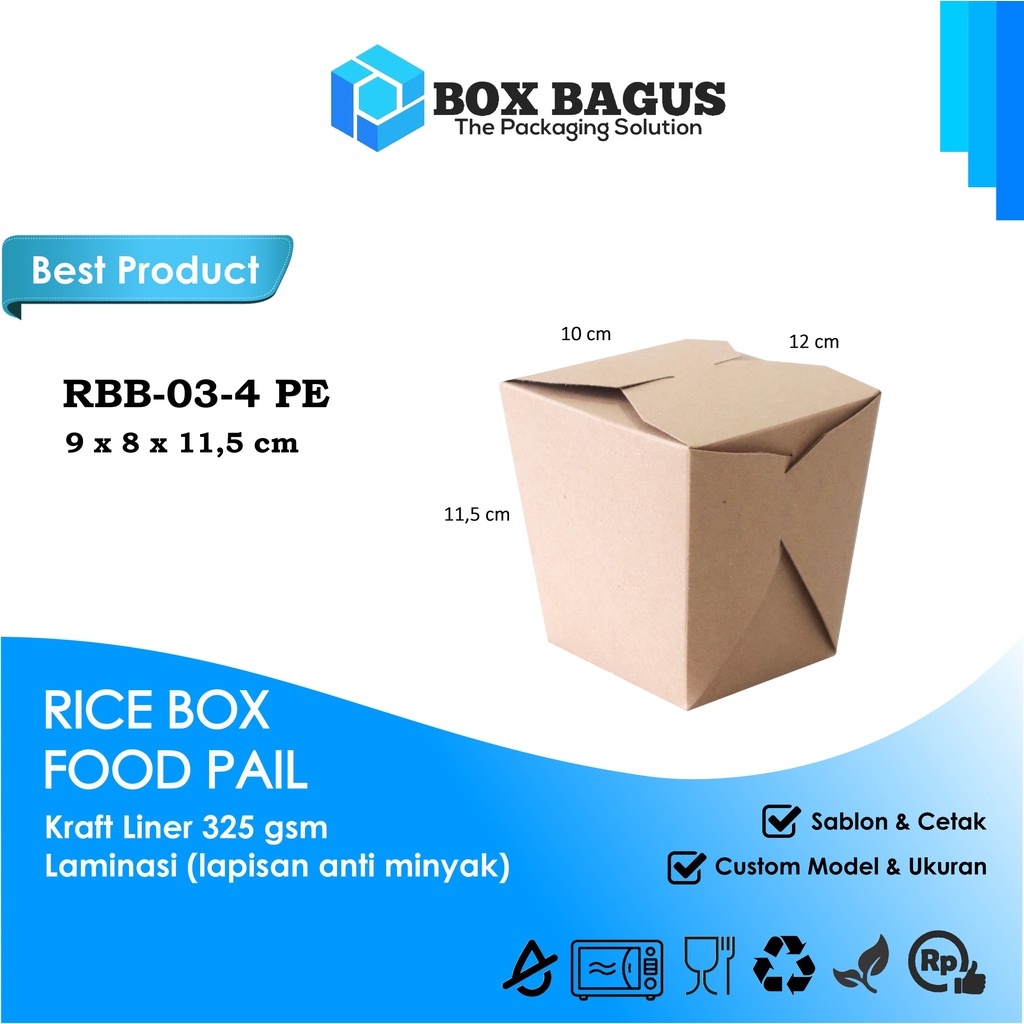 RICE BOX FOOD PAIL DUS KOTAK HAMPERS MAKANAN NASI MIE KUE SNACK 9x8x11,5 cm PAPER KRAFT 325 gsm LAMINASI