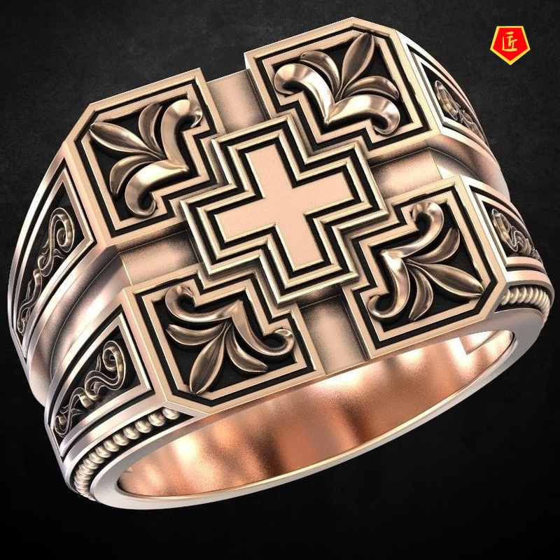 [Ready Stock]Creative Vintage Christian Cross Men's Gold Ring