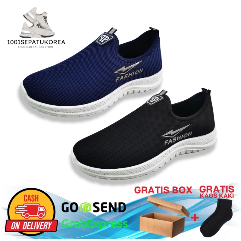 IMPORT SEPATU SLIP ON SPORTY FASHION SLOP PRIA !!! FREE BOX KAOS KAKI - 2 WARNA