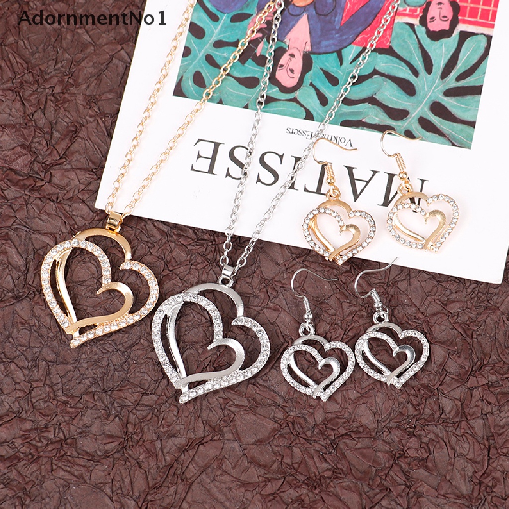 (AdornmentNo1) Set Kalung + Anting Gantung Tusuk Motif Hati Aksen Hollow Untuk Perhiasan Wanita / Pesta Pernikahan