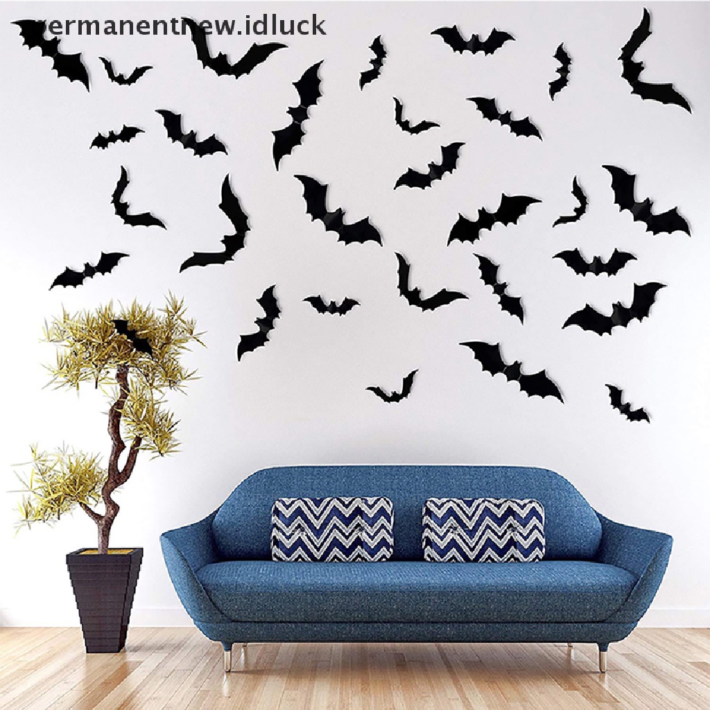 12 Pcs Stiker Desain Kelelawar 3D Warna Hitam Bahan PVC Untuk Dekorasi Pesta Halloween