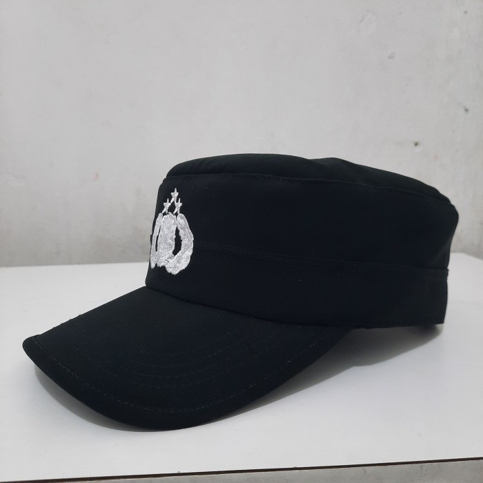 Topi Komando Bintara Polri Bordir Logo Tribrata Hitam Twist Halus Premium