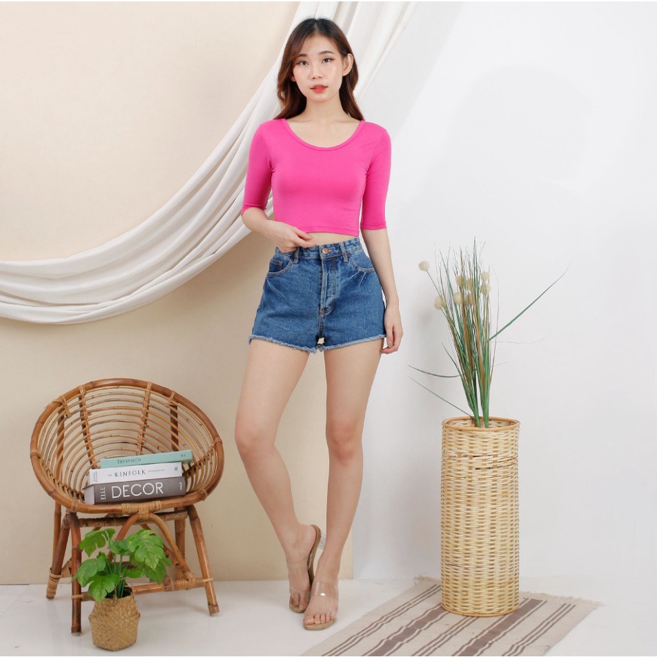 CAVALU Korean Sexy Crop Top Kaos Lengan 3/4 Baju Atasan Wanita 085