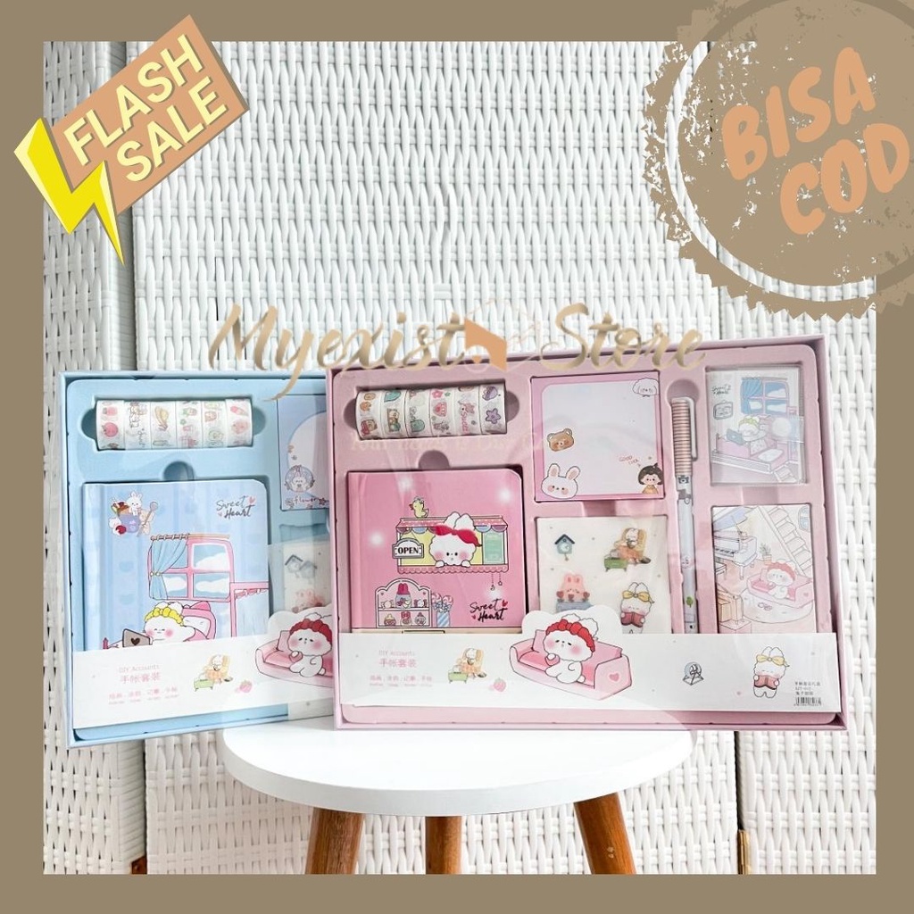 paket jurnal 7 in 1 (solatip , buku 4 biji , pulpen , sticky notes , stiker cute) FREE HARD BOX READ