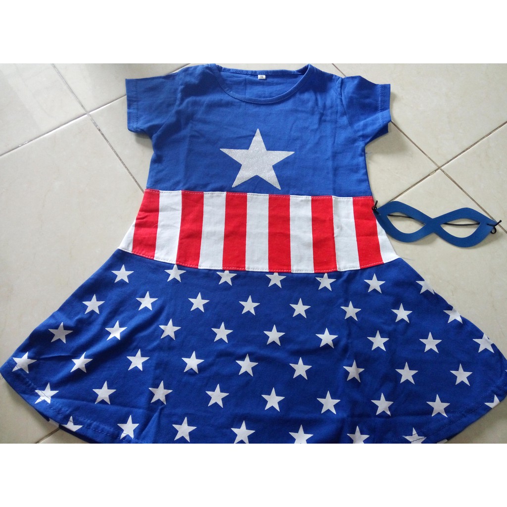 Dress Kostum Anak Cewek Captain America Superhero Halloween Avengers Capten Amerika