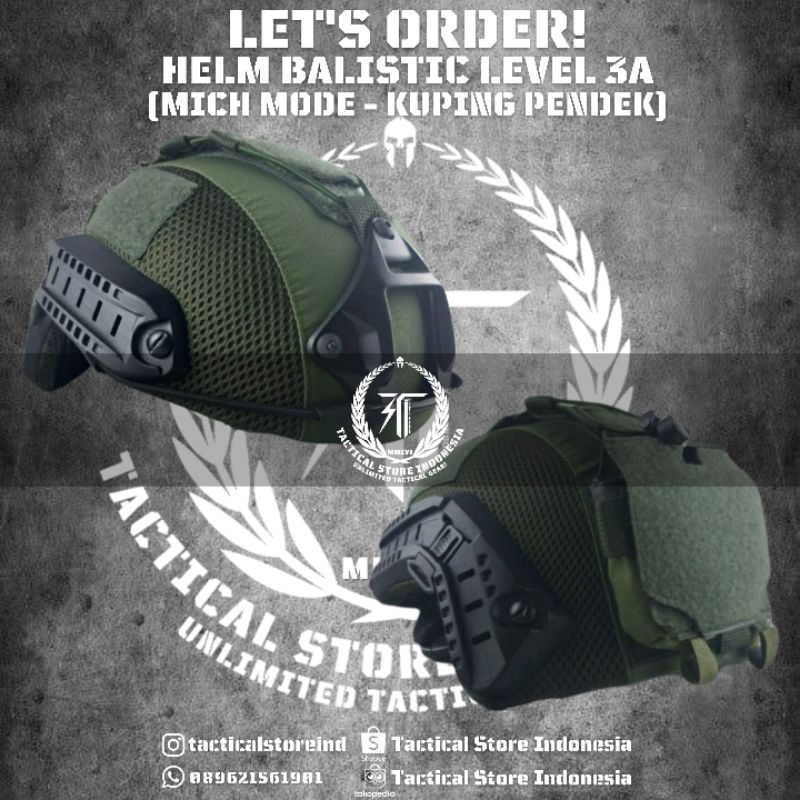 PROMO DISCOUNT Helm Tactical Balistic Level 3A - Kuping Pendek - Hijau Rail Hitam