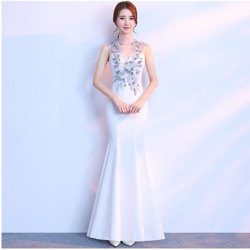 Gaun Pengantin putri duyung putih Tanpa lengan manik-manik mermaid