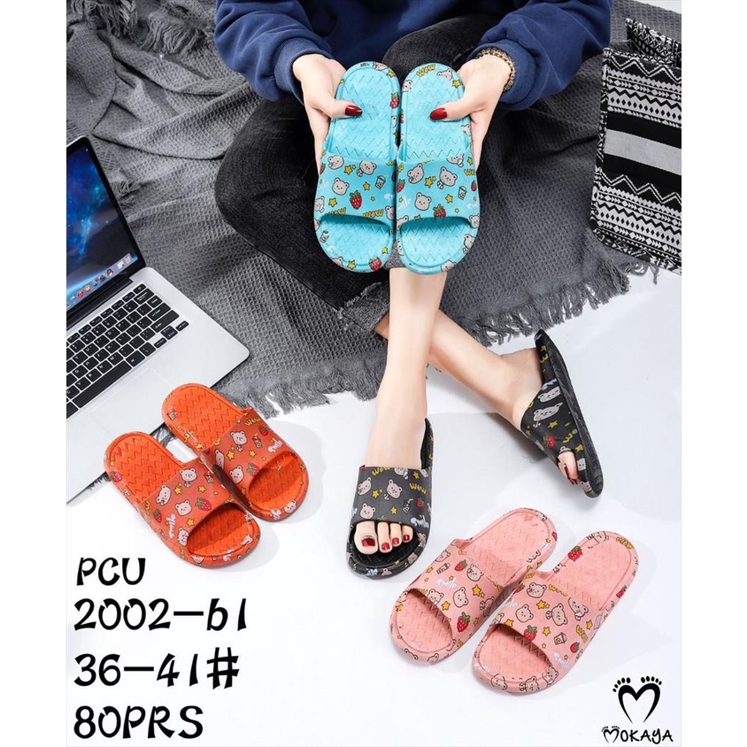 Sandal Slop Jelly Wanita Ban Bear Strawberry Wow Smile Colourfull Cantik Cute Import Mokaya / Size 36-41 (2002-b1)