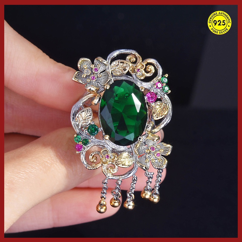 Tassel Colored Gems Ring Emerald Flowers Openings