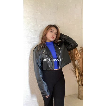 [BISA COD] Jaket Semi Kulit Wanita Crop Top Black Slimfit /Leather Premium