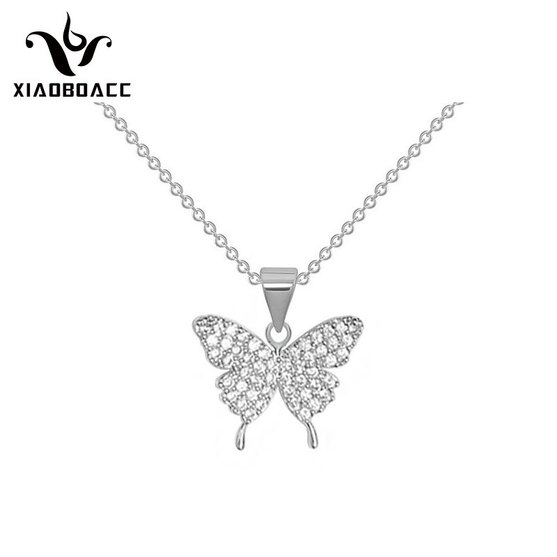 XiaoboACC Kalung Rantai Titanium Steel Liontin Kupu-Kupu Hias Zircon Ukuran Untuk Wanita - 38CM + 6CM