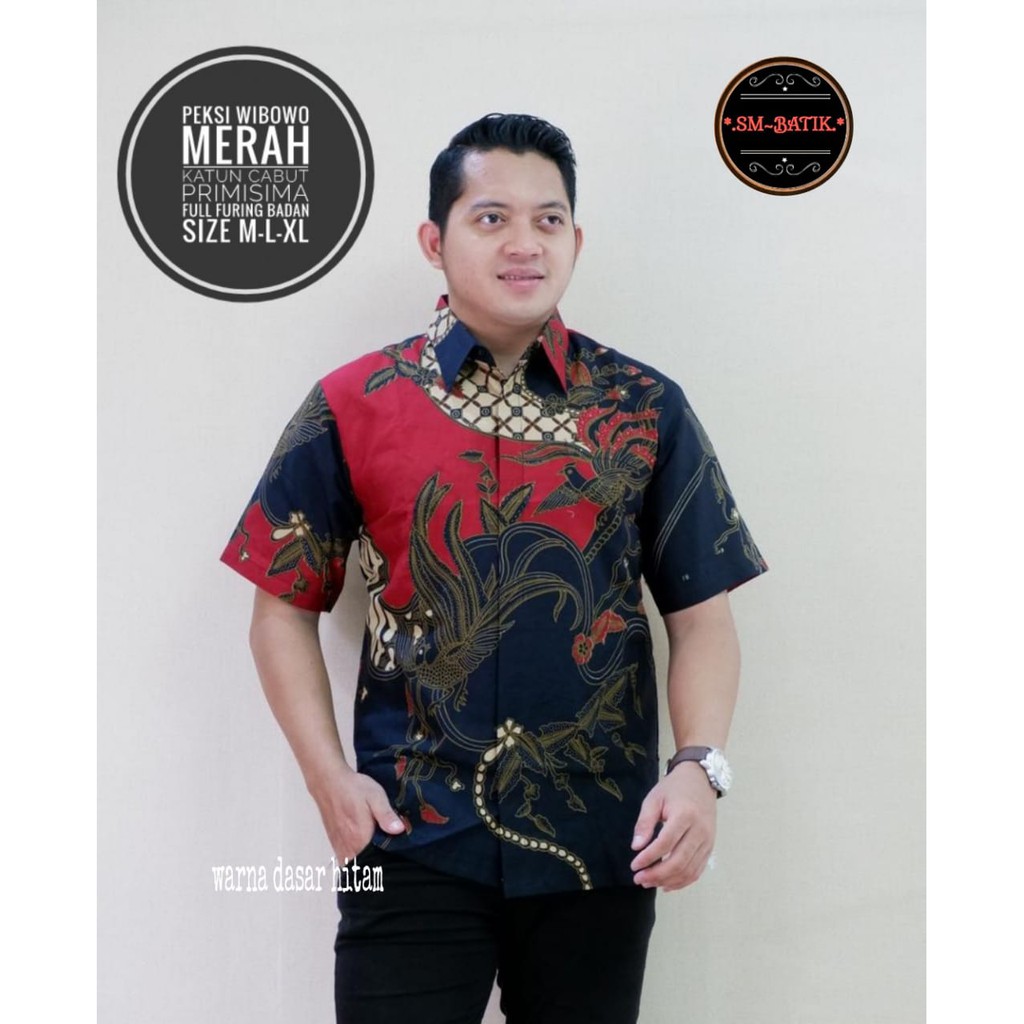 Kemeja Batik Pria Lengan Panjang BATIK PEKSI WIBOWO Lapis Furing Bahan Katun Primisima Warna MERAH