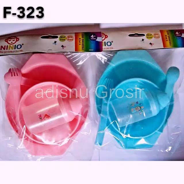 Ninio Feeding Set Perlengkapan Makan Sendok Garpu Mangkok Gelas Bayi F-323 &amp; F-324