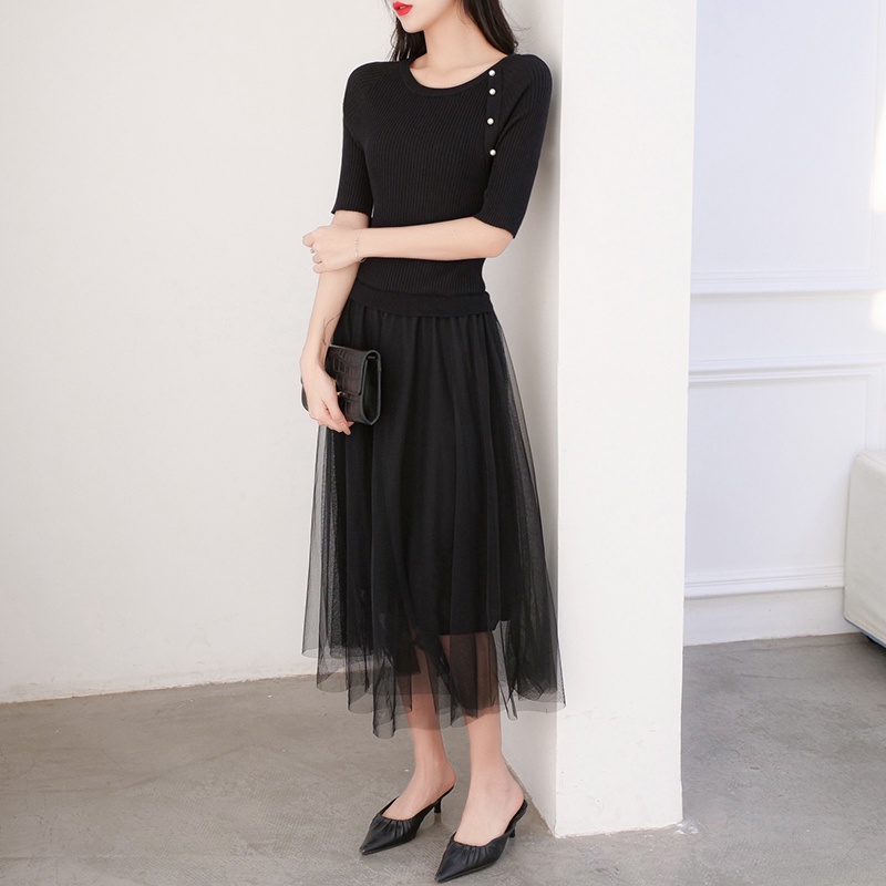 【Elegant】 Korean Solid Hem stitching Gauze Premium Knit Dress  7367