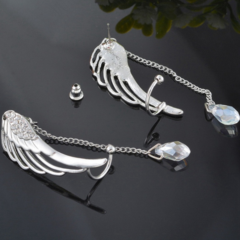 Fancyqube Anting Tusuk Gantung Plating Silver Desain Sayap Malaikat Hias Kristal Gaya Bohemian Untuk Wanita