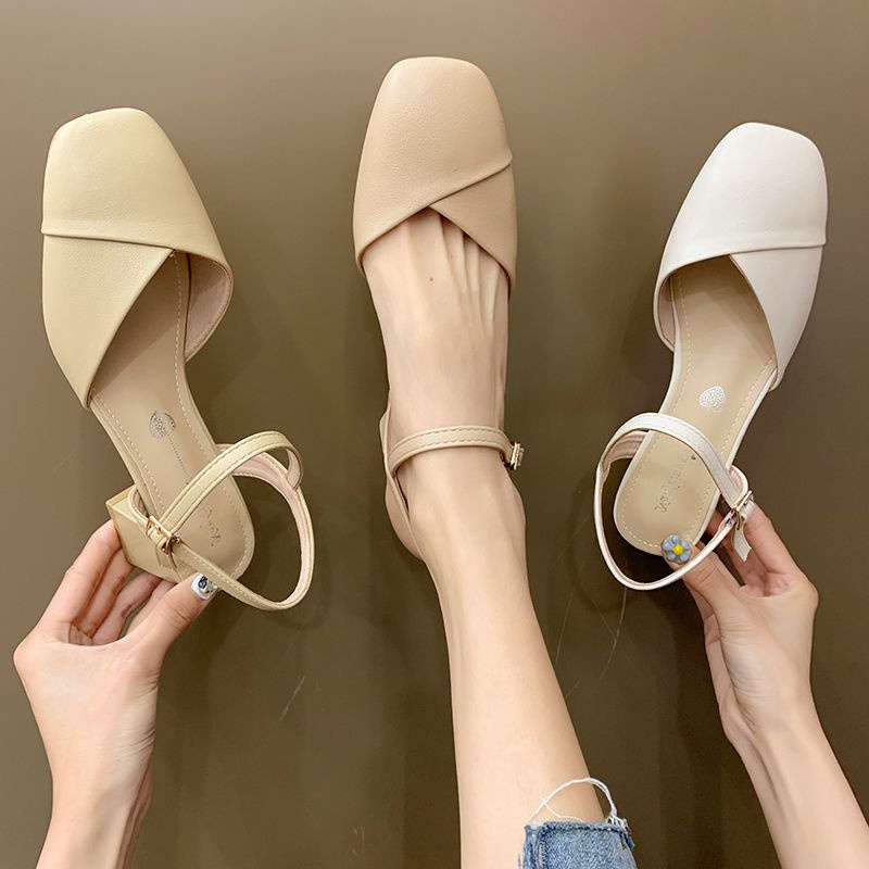 IMPORT 2021 new summer wear thick heel high heels, button top sandals, Korean style fashion sandals