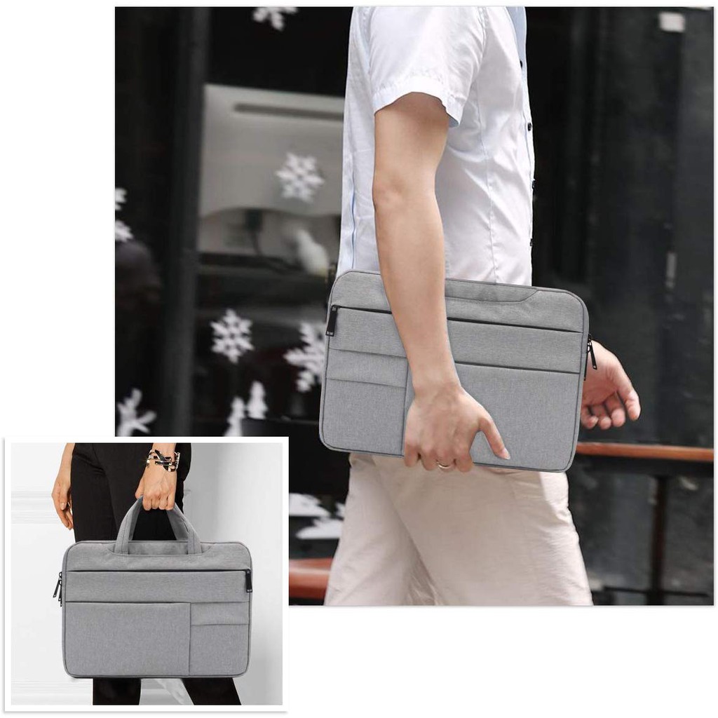 Tas Laptop 15 inch Softcase Sleeve Macbook Pocket Handstrap Waterproof -Dark Grey