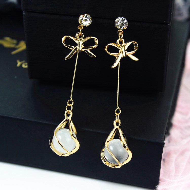 925 Silver Needle Bow Long Earrings Rhinestone Opal Earrings Temperament Round Face Thin Earrings