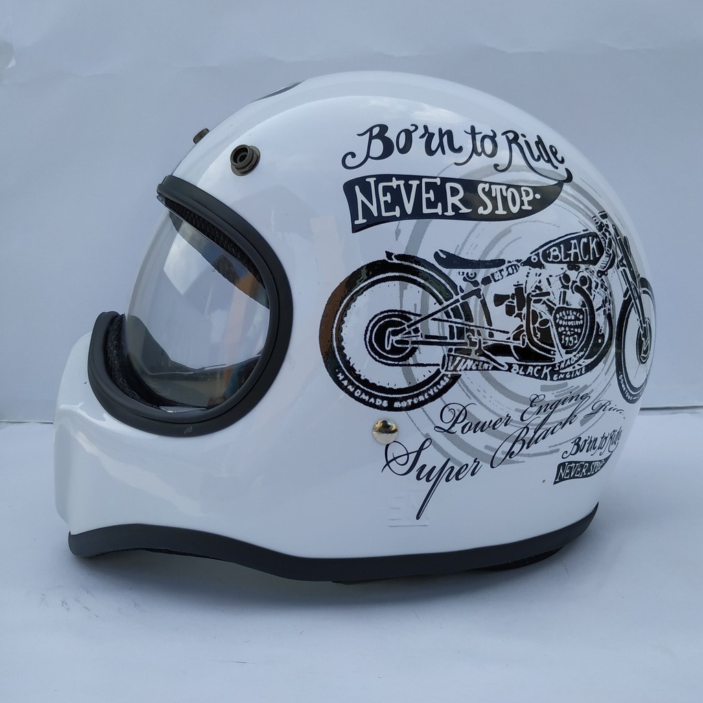 Helm Cakil HBC Born To Ride White + Inner Visor Chrome ( Fullface / Retro / Klasik / Vespa )