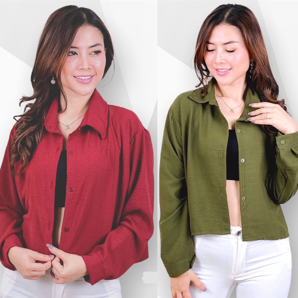 GNT - Kemeja Hitam Merah Coklat Cream Hijau Crincle Wanita Crop Katun/Atasan Crinkle Casual Cropee/B