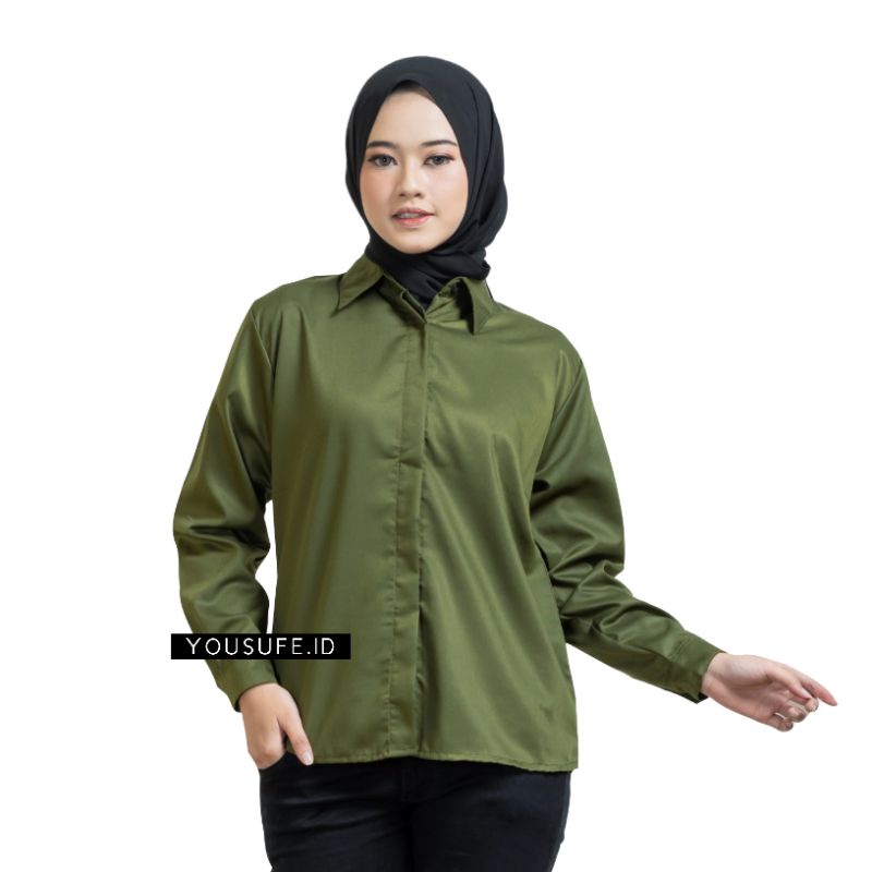 Kemeja Wanita Polos Warna Army Kancing Tertutup Bahan Katun Toyobo Adem Nyaman Seragam Kantor Formal Casual