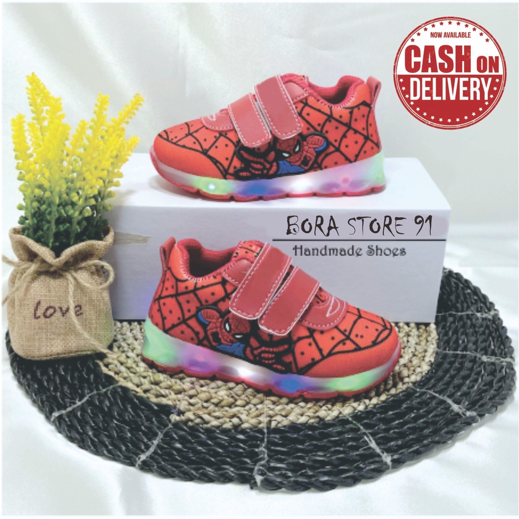 Sepatu Sneakers LED Anak Laki - Laki Motif SPIDERMAN / Sepatu Anak MENYALA