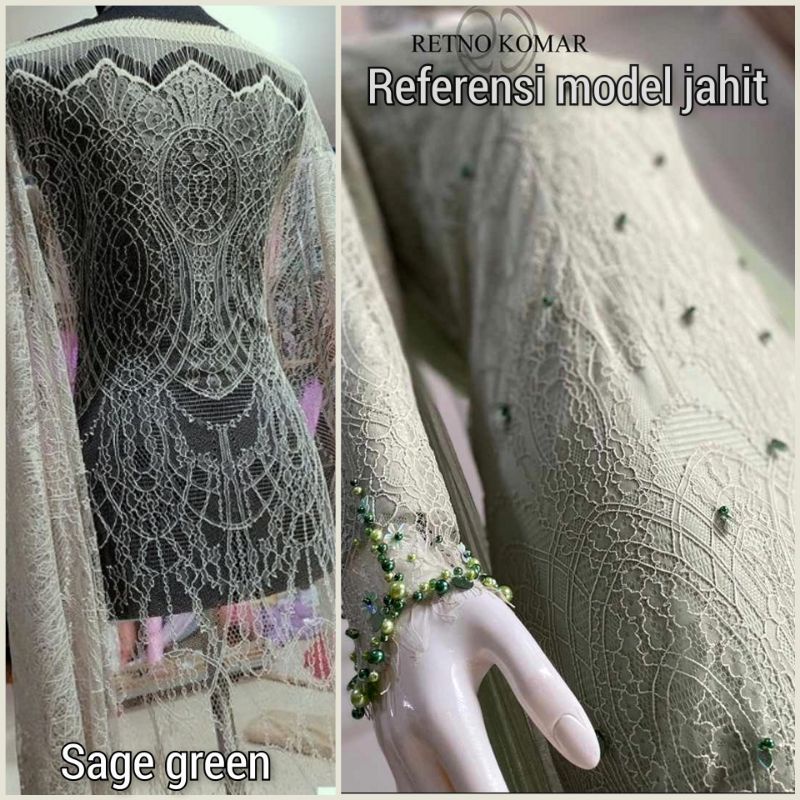 Kain Brokat Chantilly Lace, Kain Kebaya, Warna Sage Green, Santilly Lace