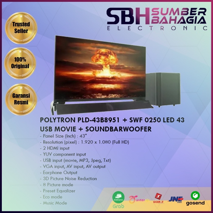 POLYTRON PLD-43B8951 + SWF 0250 LED 43 + USB MOVIE + SOUNDBARWOOFER GARANSI 5 TAHUN (NEW) (KHUSUS BA