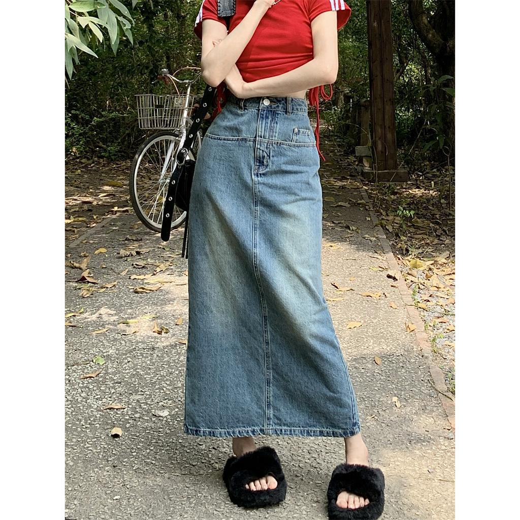 rok denim highwaist vintage washed rok a-line premium korean style rok vintage panjang