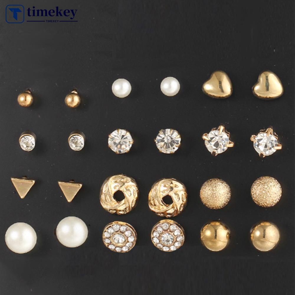 Timekey 12 Pasangset Anting Tusuk Bentuk Kotakhatibunga Hias Kristalmutiara Imitasi Untuk Wanita A4K1