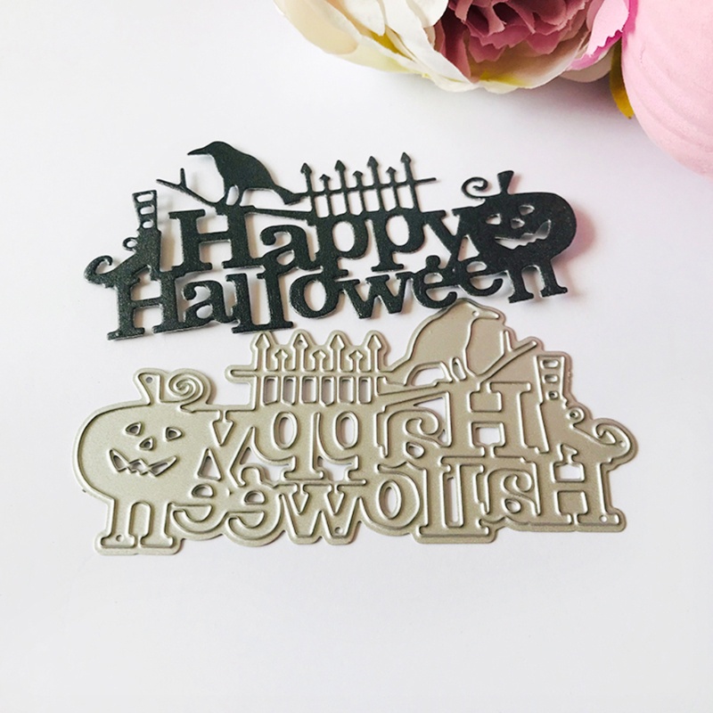 3pcs / set Cutting Dies Stencil Bahan Metal Desain Happy Halloween Untuk Dekorasi Album Scrapbook