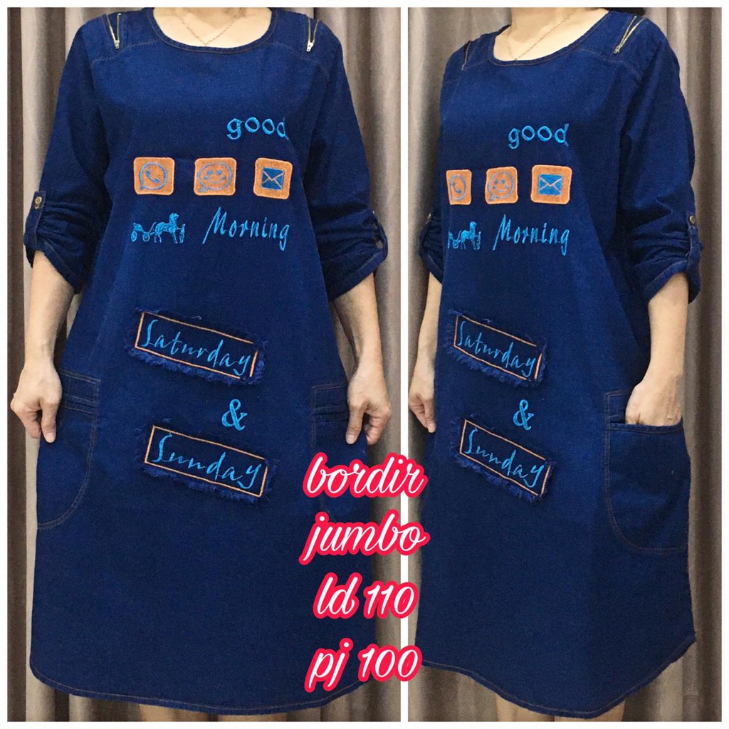 dress tunik BordirJumbo bahan denim/jeans (tulisan good morning)