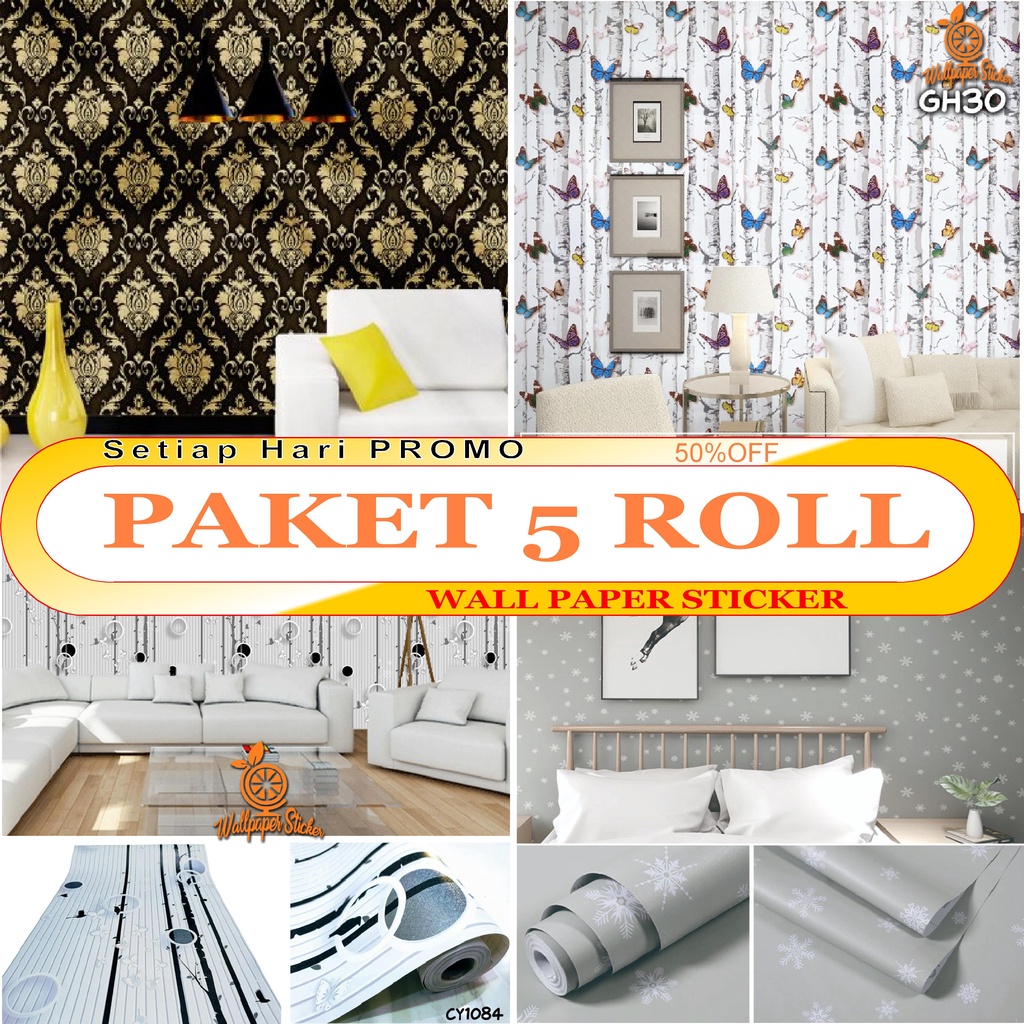 Wallpaper Dinding Paket 5 roll Wallstiker-Motif Bunga Pink Stiker Dinding Motif Kayu Lccreative