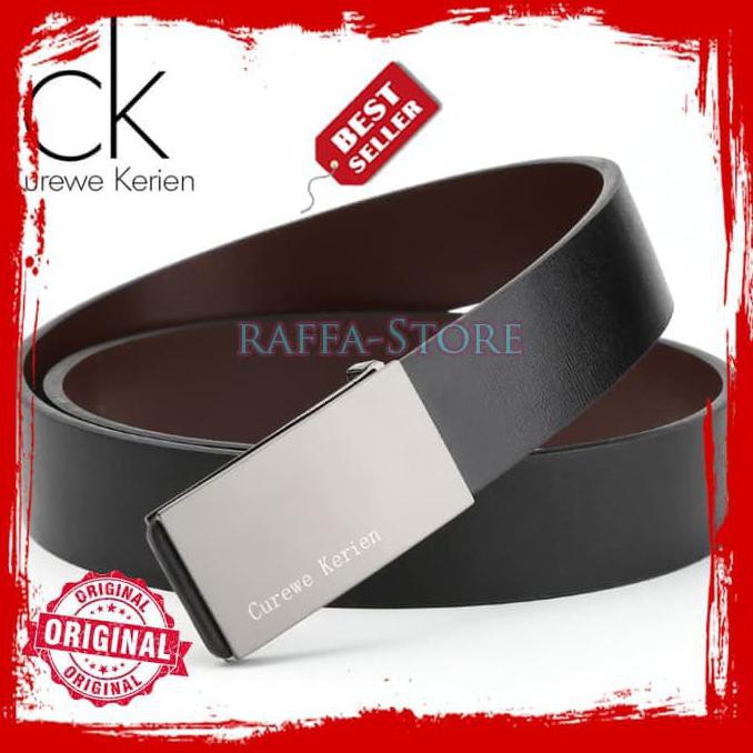 Apind489- Ikat Pinggang Kulit Pria Impor Ck Minimalis Gasper Sabuk Original 100% - Hitam Silver 637S