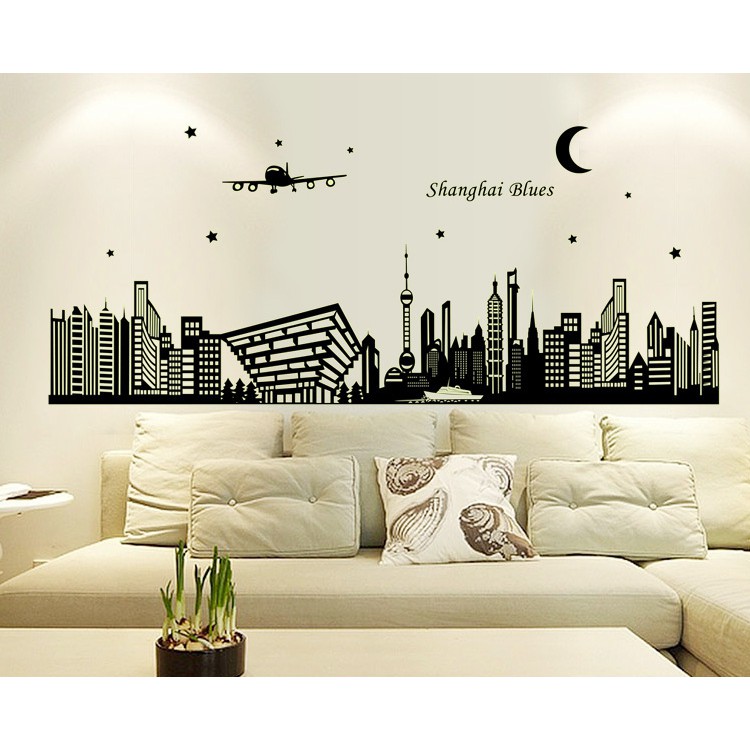 RELIZA WALL STICKER SANGHAI GLOW IN THE DARK SILUET HITAM KOTA CITY ABQ9636 STIKER DINDING