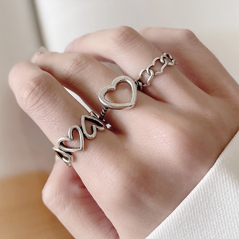 Set Cincin Jari Bentuk Hati Model Hollow Out Warna Silver Untuk Wanita