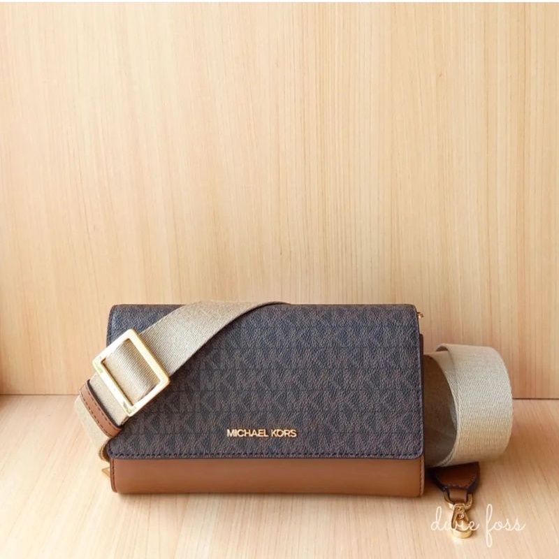 Tas Michael Kors MK Jetset Item Large Zip Around Wallet Crossbody Signature Brown Luggage Original