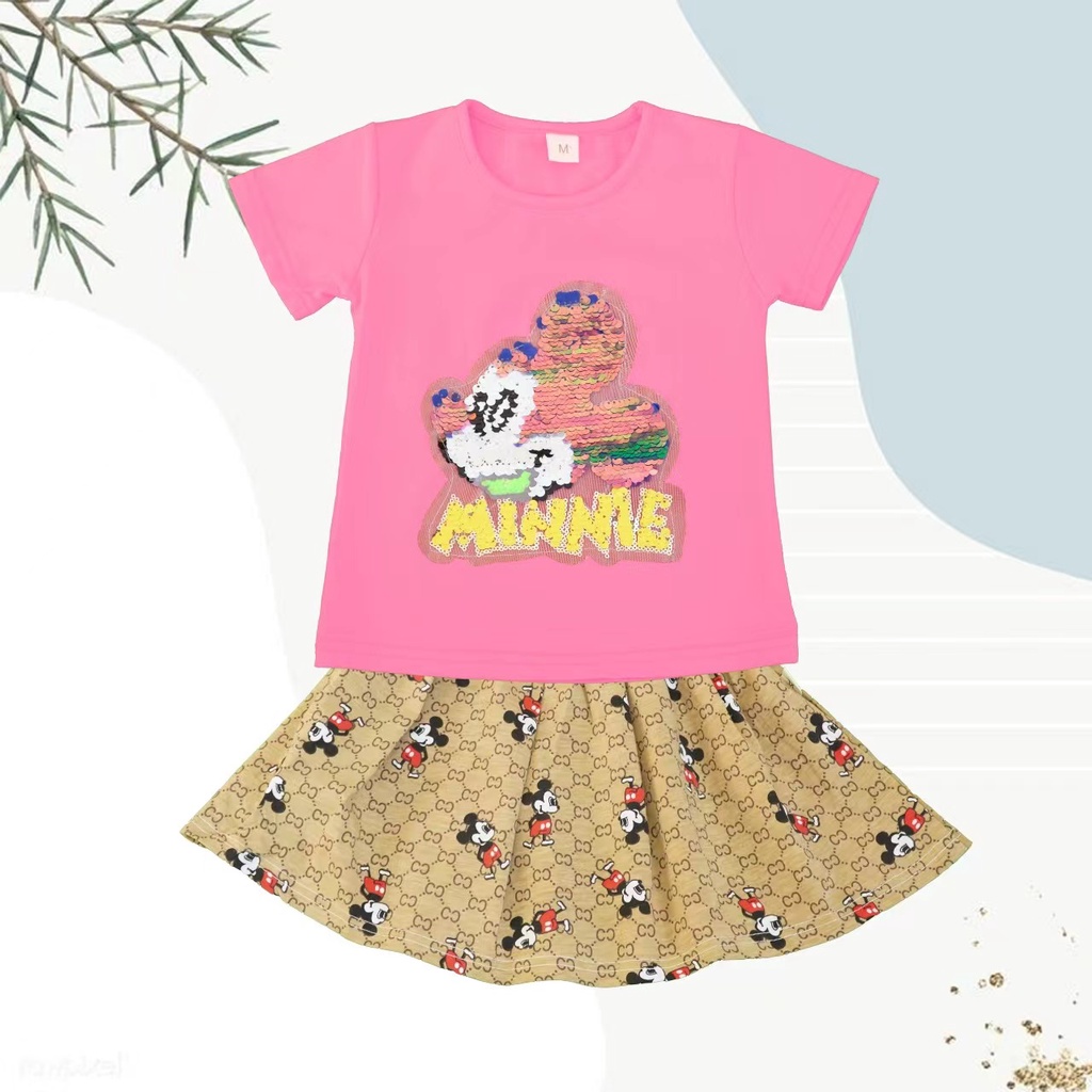 KF CAT Baju Anak Perempuan Setelan Motif Mickey Mouse + Rok Lucu Bahan Cotton Import Fashion Trendy-1