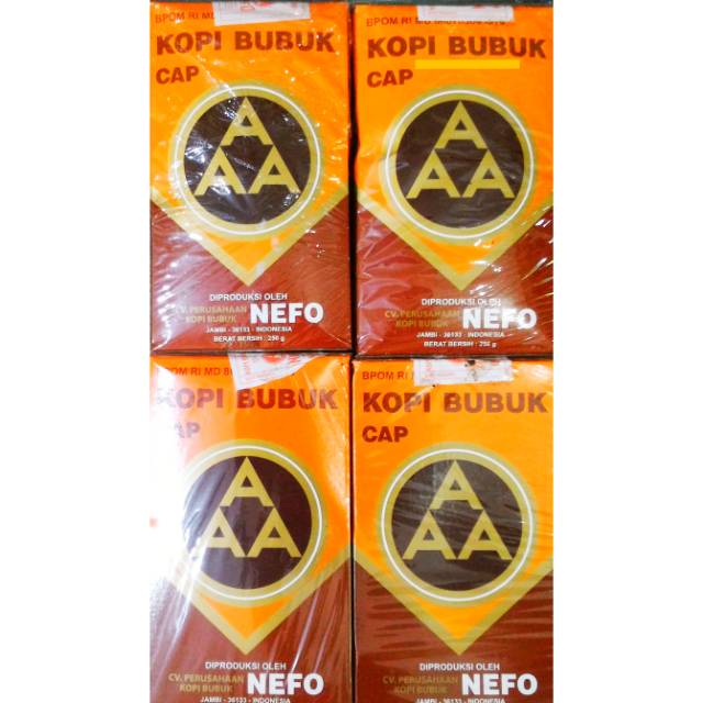 

Kopi AAA 250gram Oleh Oleh Khas Jambi | Kopi Hitam Bubuk Wangi Asli Kota Jambi | Kopi AAA Nefo Produksi Terbaru Kemasan Kotak Dikirim Dari Jambi City