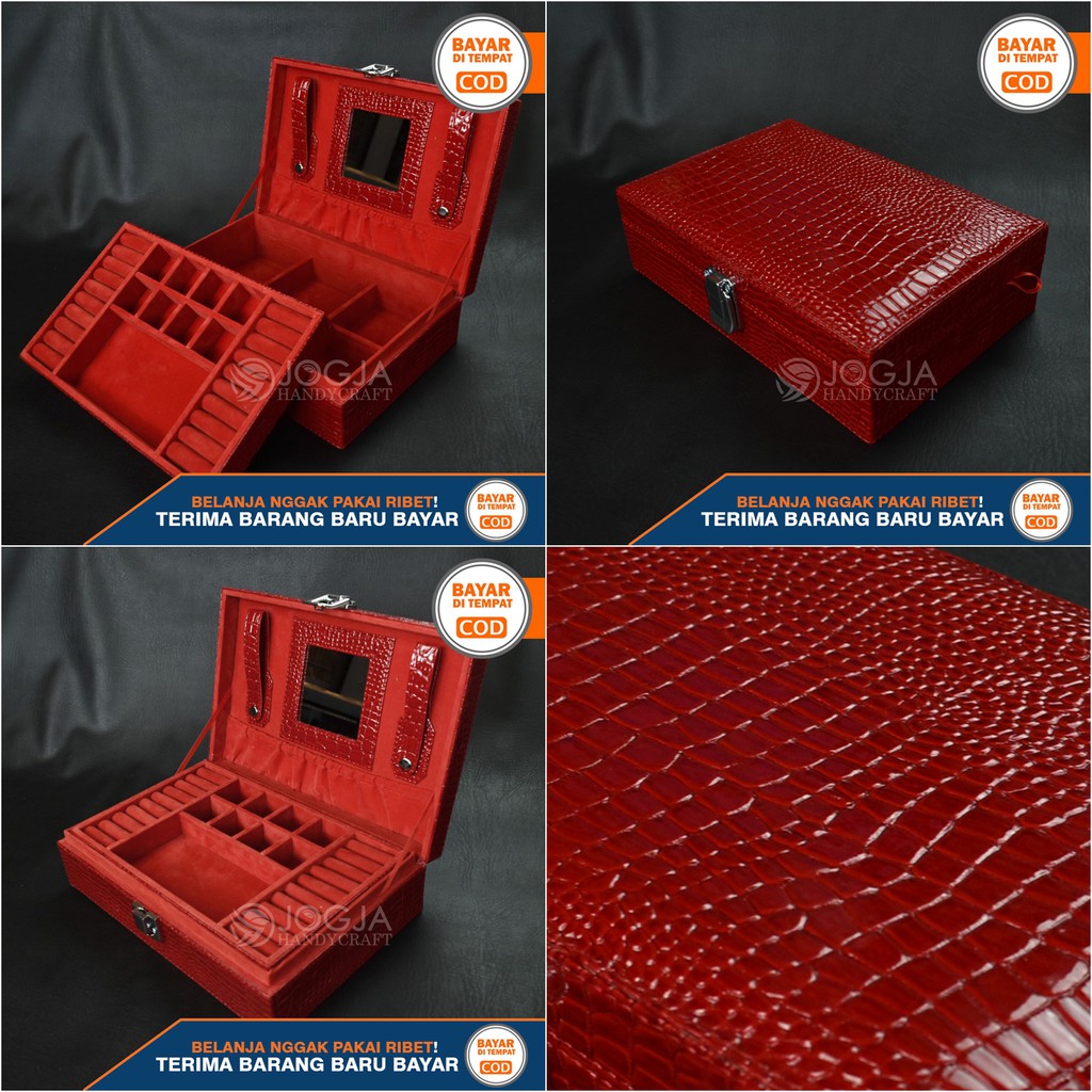 Exclusive Red Croco Jewelry Box / Tempat Perhiasan Lengkap Anting, Gelang, Kalung, Emas Antam